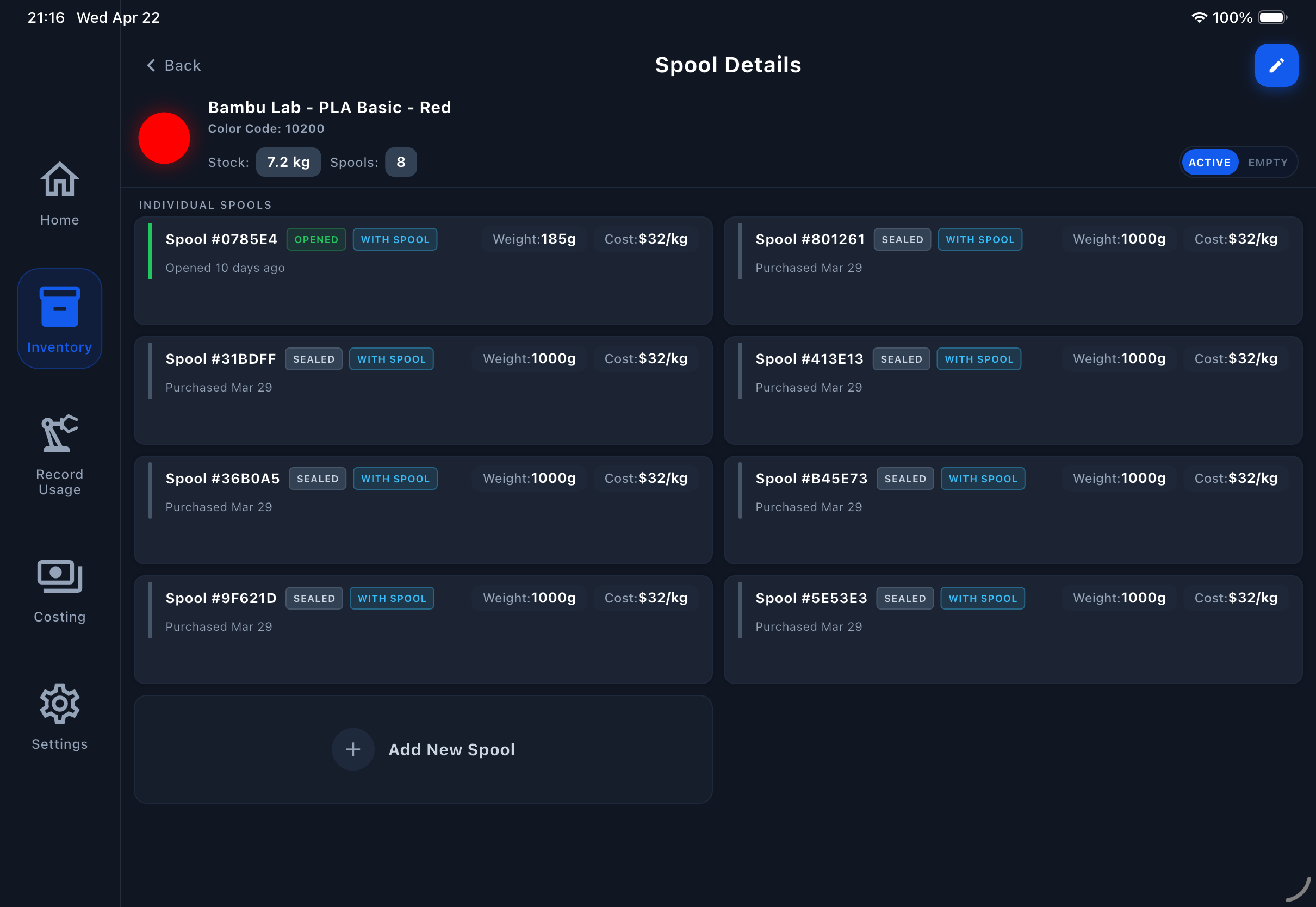 Filament Genius tablet interface for filament and spool management
